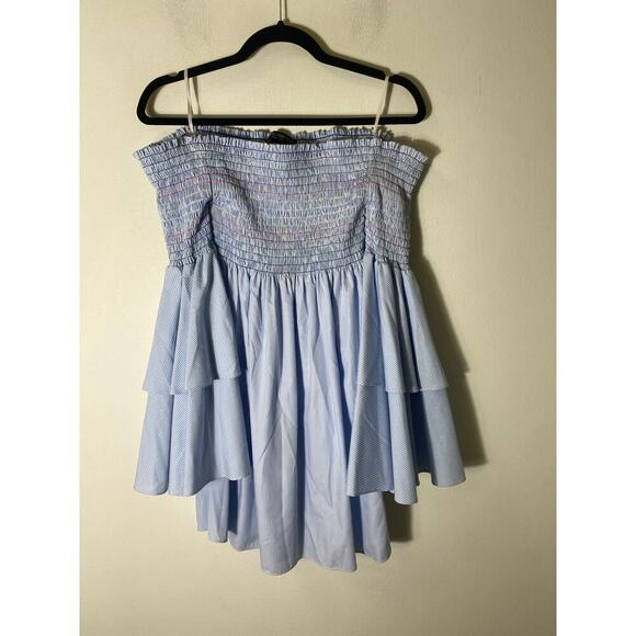 Central Park West Light Blue White Stripe Cold Shoulder Smocked Dress Sz M - Picture 2 of 3